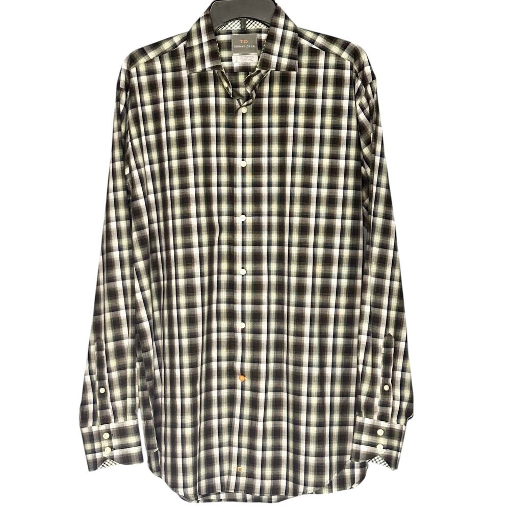 Thomas Dean Long Sleeve Sport Shirt Large Green Black Plaid Cotton Contrast Cuff